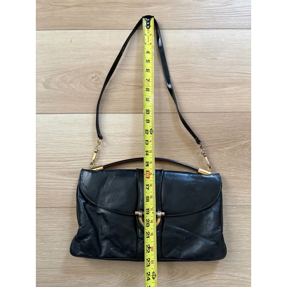 Vintage Black Leather Clutch Shoulder Bag Gold Tone Metal Clasp Flap Style - Picture 5 of 7